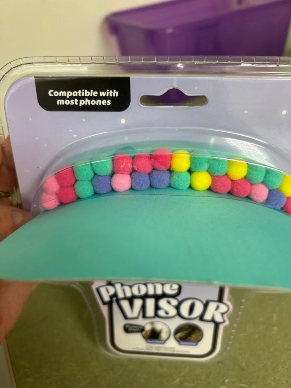 Pom-Pom Phone Grip & Sun Visor - Mint with Multicolor Pom Poms